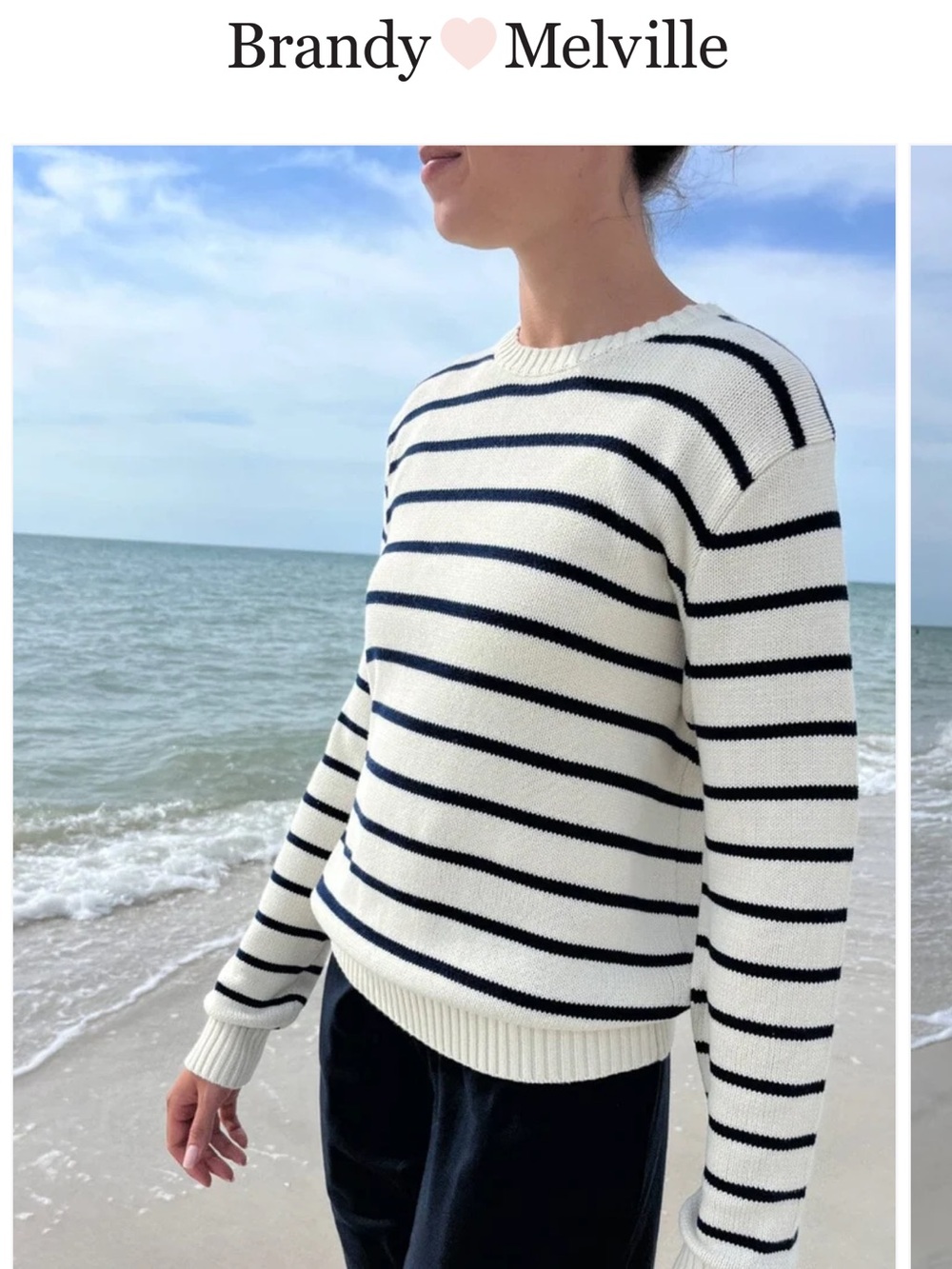 Brandy Melville Cream and Navy Striped Crewneck Sweater